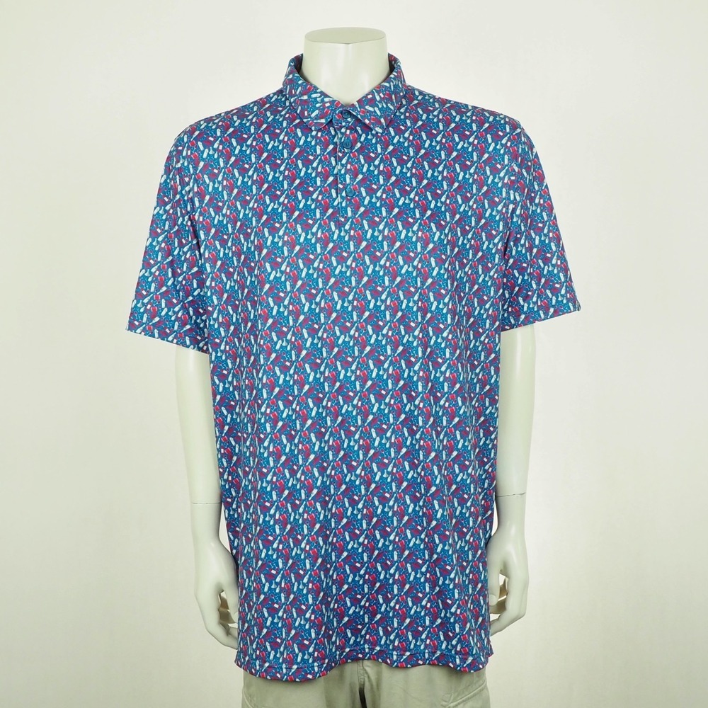 1764 Golf Polo Shirt Mens 2XL XXL Blue Wine Glass Grapes AOP Barrels & Bottles